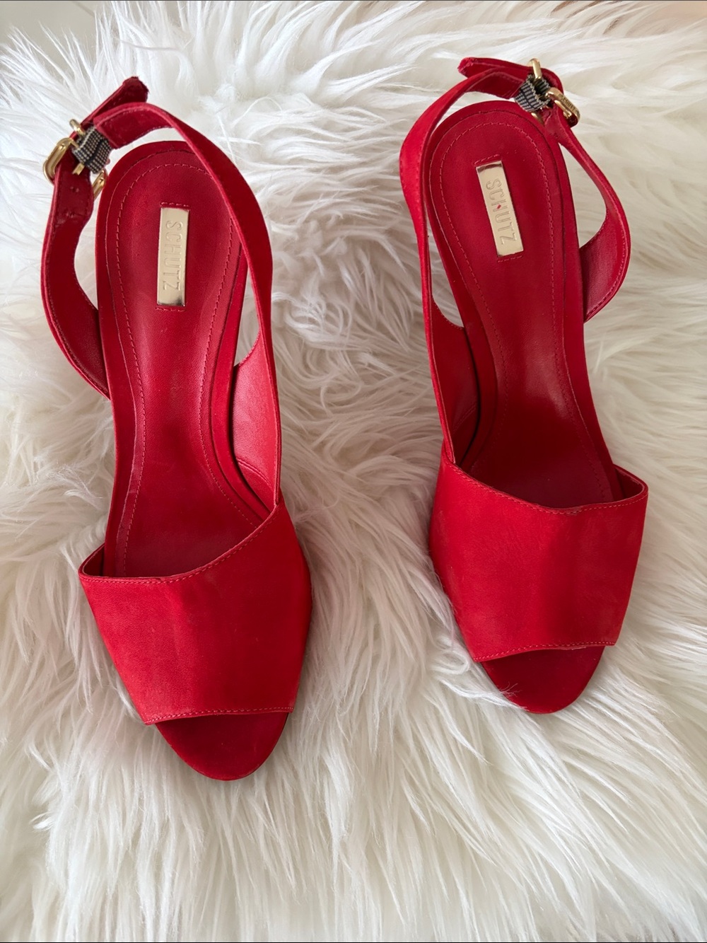 SCHUTZ Red Open-Toe Slingback Heels with Gold Buckle